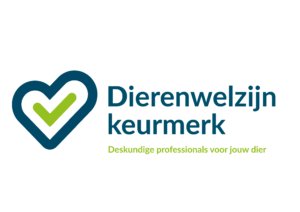 Dierenwelzijn keurmerk logo met een hartvormig symbool en de tekst Dierenwelzijn keurmerk in blauwgroen